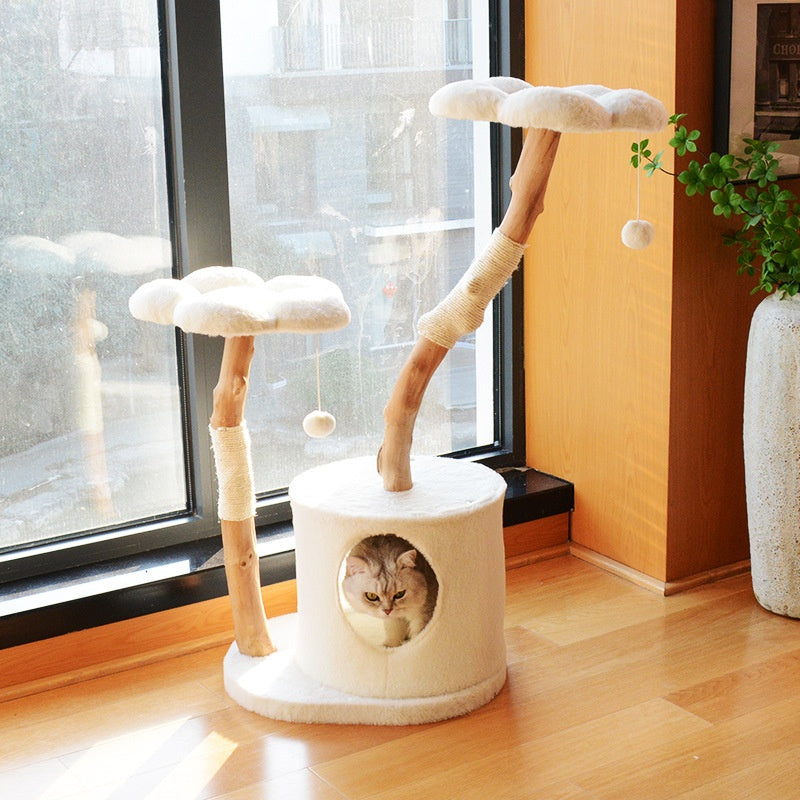 PawPulse Solid Wood Cat Tree with Condo and Flower Petals Nordic-style botanical cat furniture
