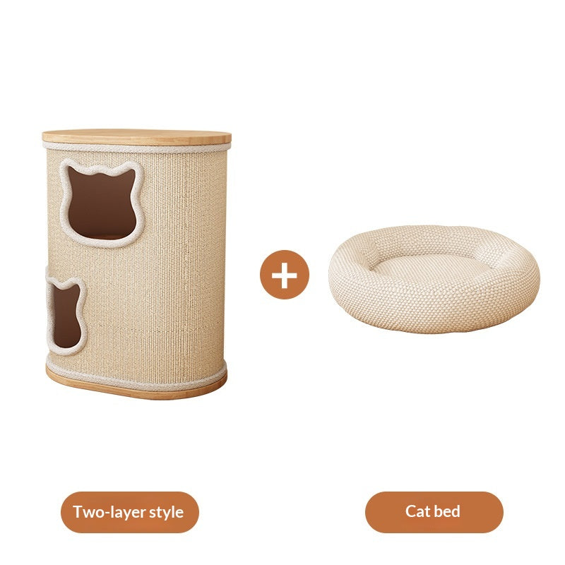 PawPulse solid wood cat tree second floor configuration plush cat bed compact apartment size