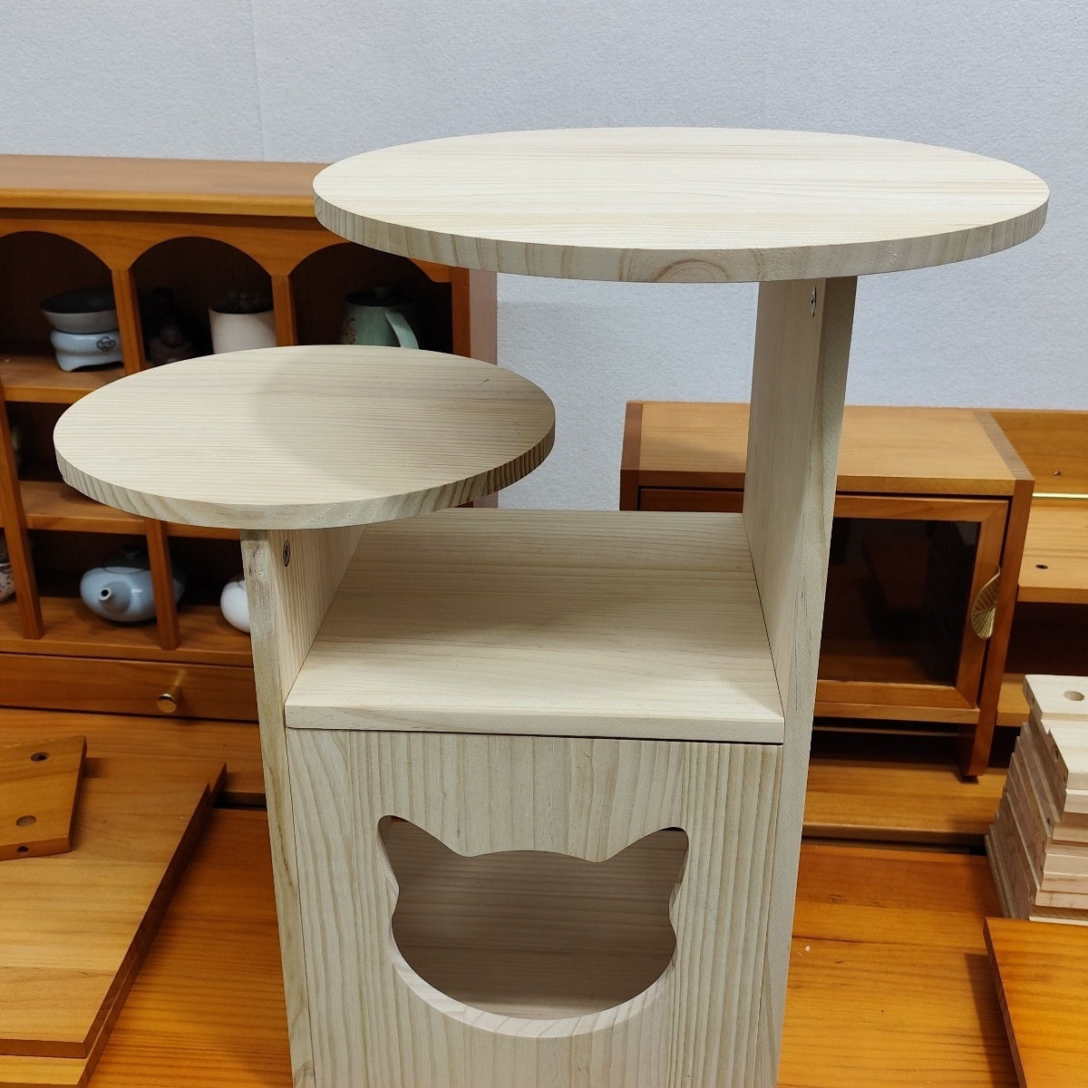 PawPulse solid wood cat bed nightstand natural pine finish four colour options