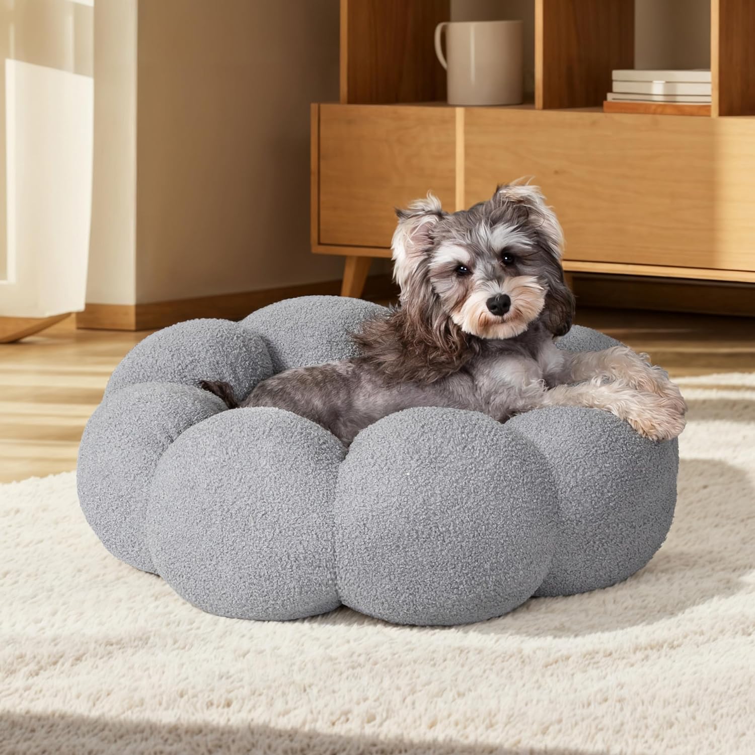 PawPulse Calming Donut Pet Bed plush sherpa anti-anxiety cuddler for cats and small dogs raised rim design