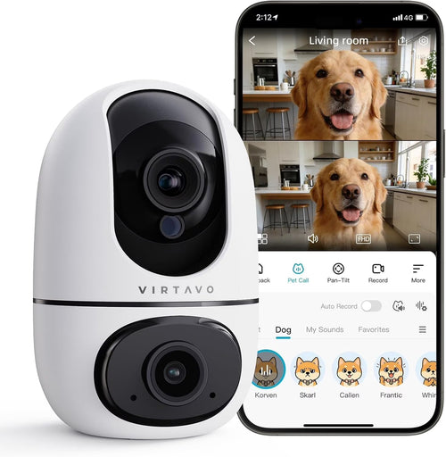 Pet Camera for Dogs & Cats, Indoor Security Camera with 360° PTZ, Smart Motion Tracking, 2‑Way Audio, Night Vision, Dual‑Lens Two Views in One, No Monthly Fee, 2.4Ghz Wifi