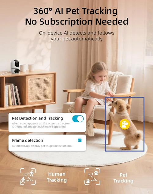 Pet Camera for Dogs & Cats, Indoor Security Camera with 360° PTZ, Smart Motion Tracking, 2‑Way Audio, Night Vision, Dual‑Lens Two Views in One, No Monthly Fee, 2.4Ghz Wifi